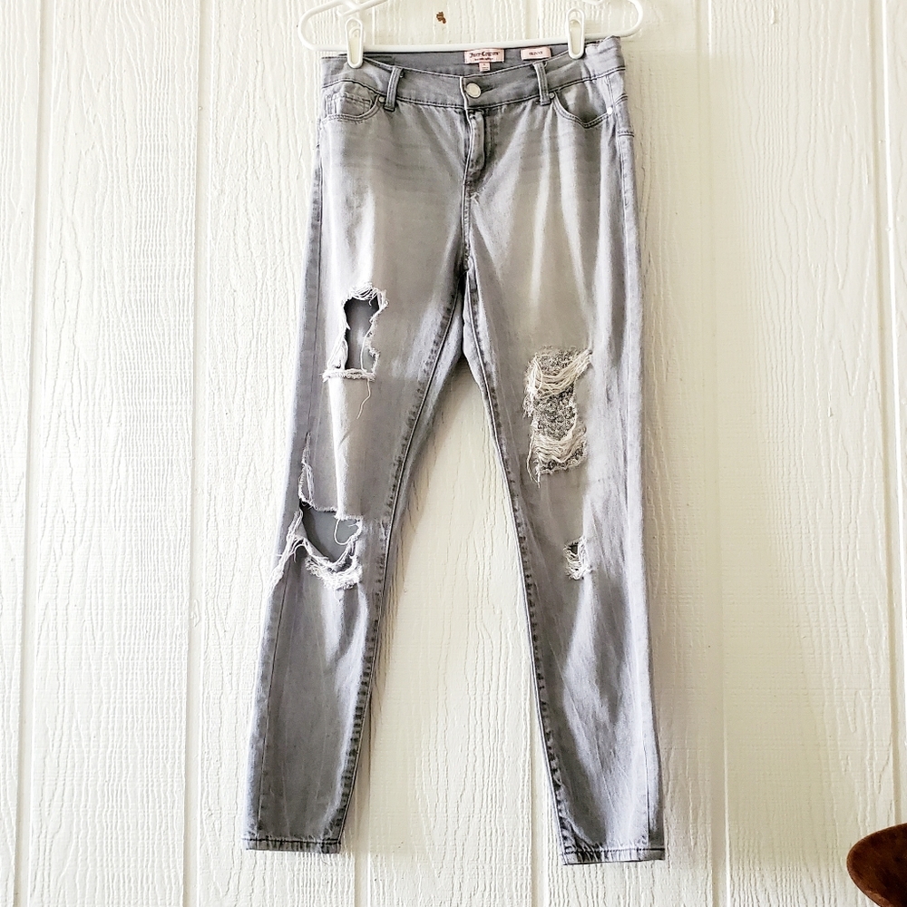 Juicy Couture Sequin Distressed Shredded Faded Stretchy Skinny Jeans Gray sz 6